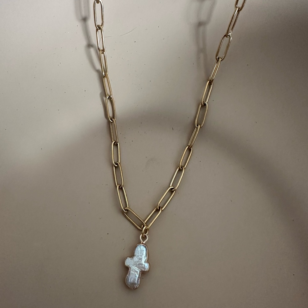 Gold Chain Necklace with Pearl Cross Pendant